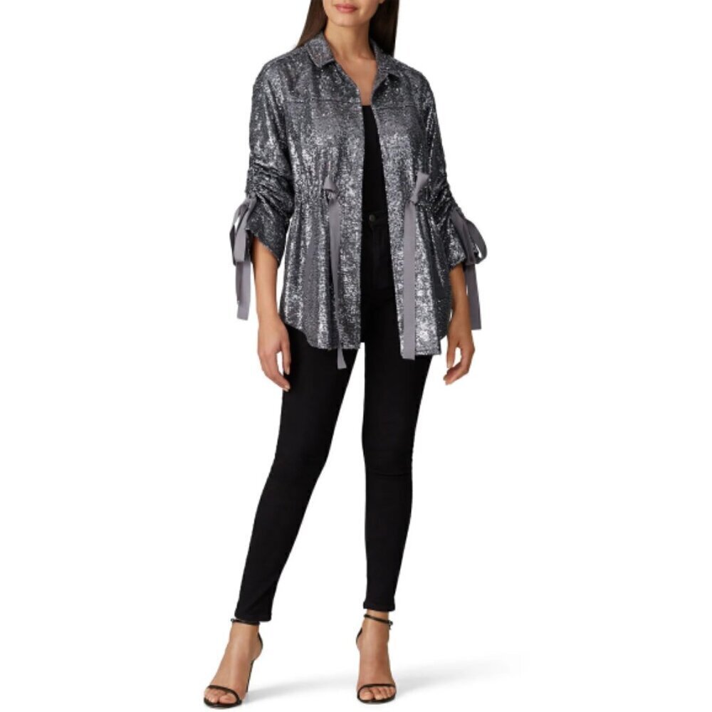 Cinq a Sept 'Mathieu' Sequin Tie-Waist Jacket, Gunmetal Metallic